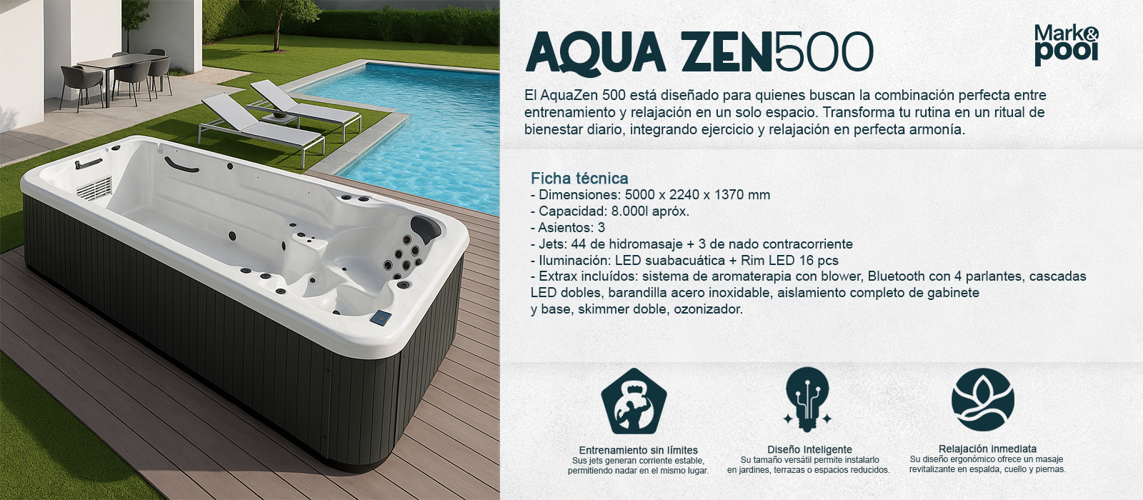 SwimSpa AquaZen 500 con zona de nado contracorriente e hidromasaje