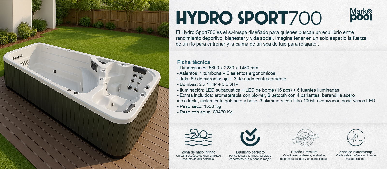 SwimSpa HydroSport 700: vista técnica del modelo con área de nado y zona de hidromasaje