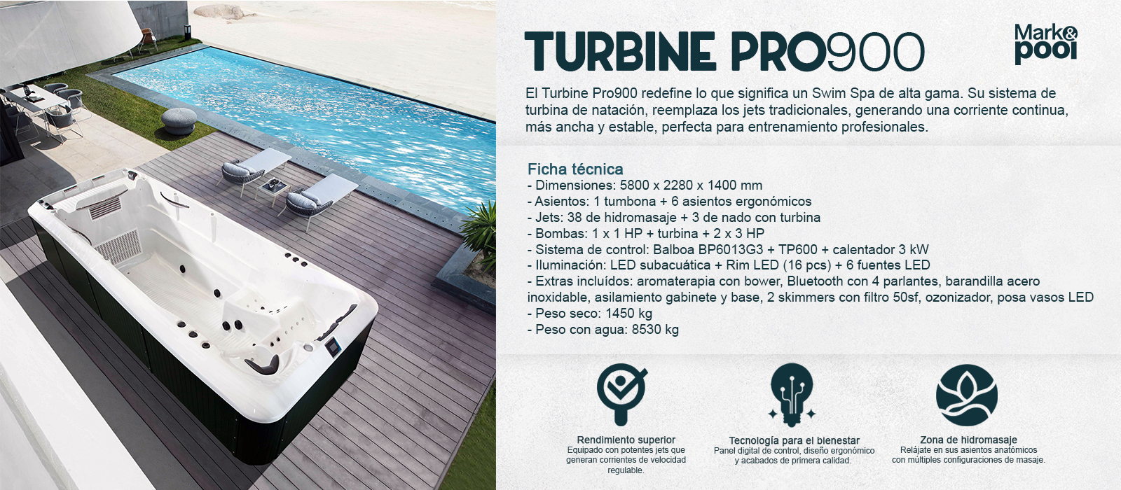 SwimSpa TurbinePro 900 con sistema de turbina continua para nado profesional
